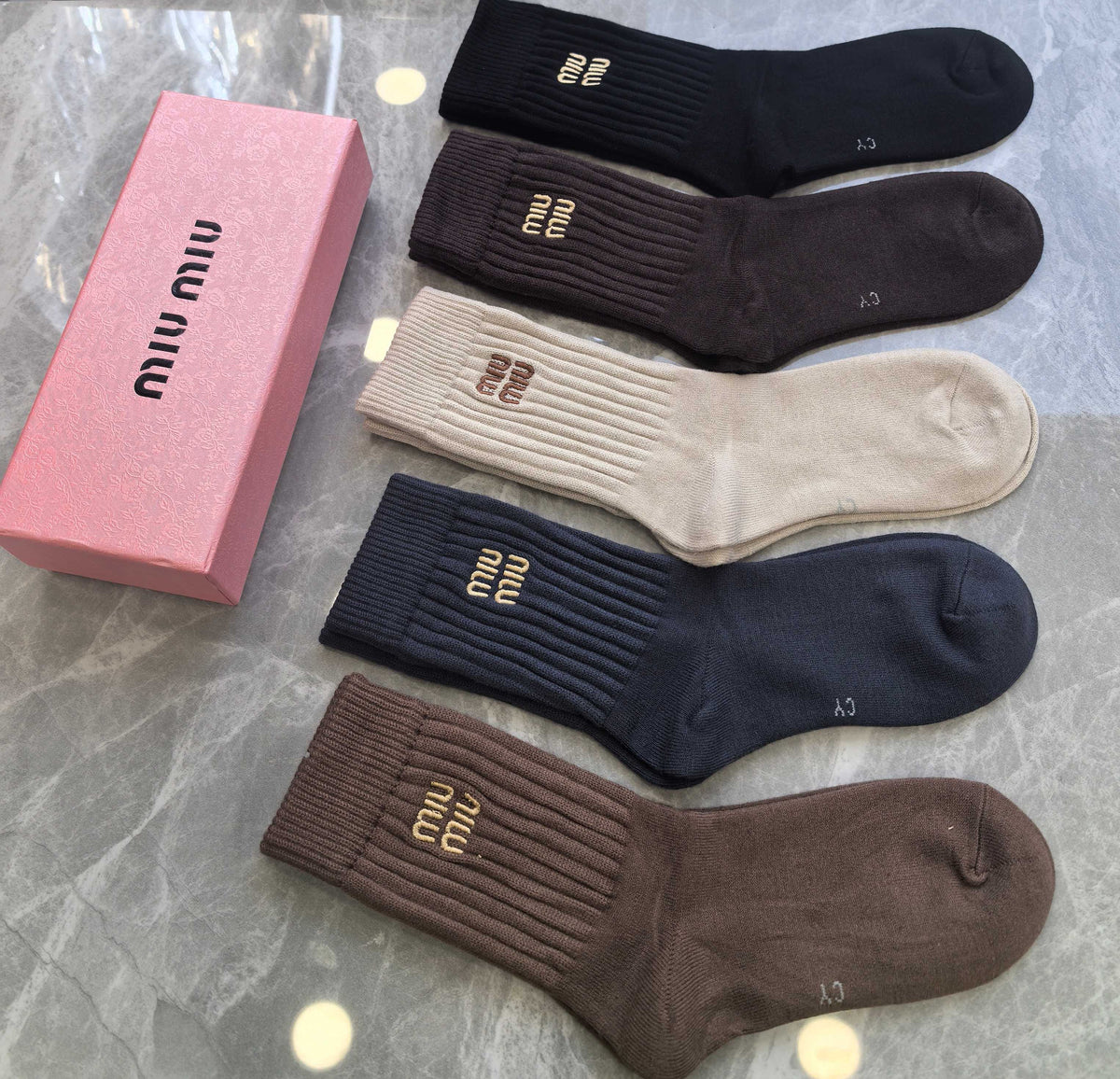 Miu Miu Earthy Neutral Broad White Cuff Bands Crew Socks, image 5