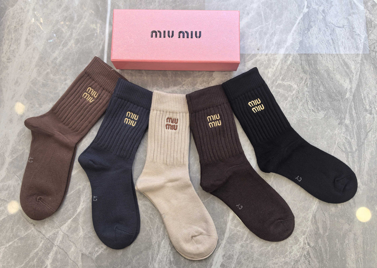 Miu Miu Earthy Neutral Broad White Cuff Bands Crew Socks, image 4