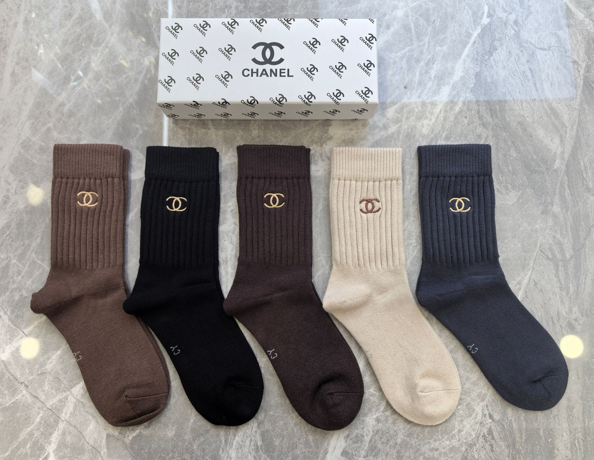 Chanel Neutral Earthy Small Cuff Double Letters Crew Socks, image 3