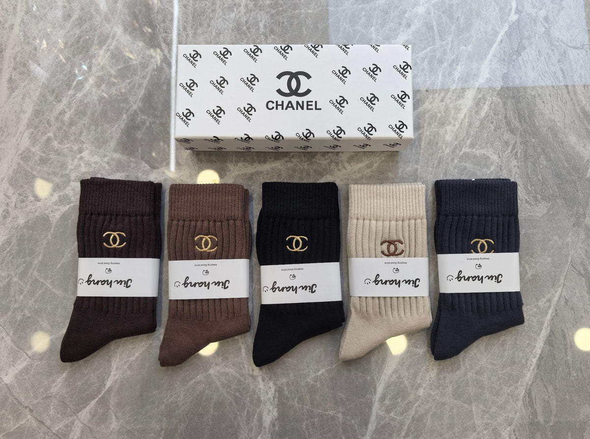 Chanel Neutral Earthy Small Cuff Double Letters Crew Socks, image 1