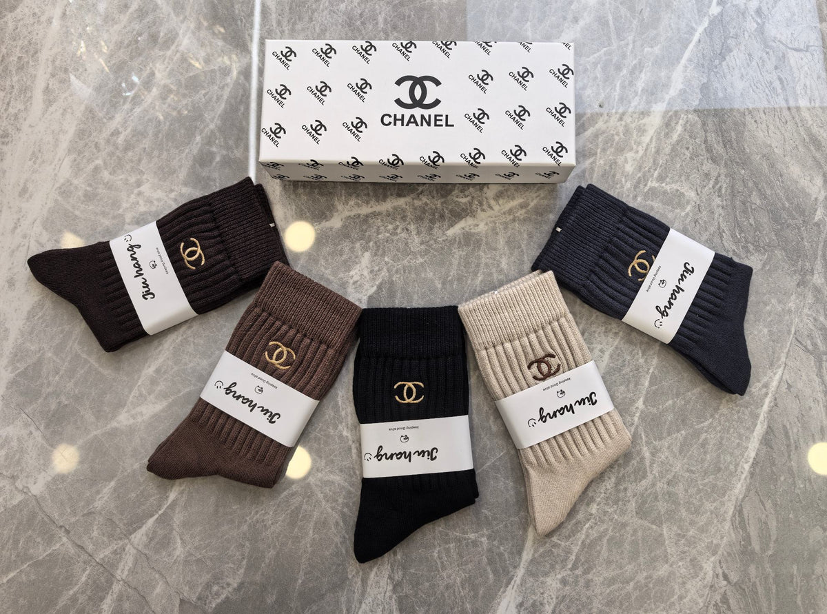 Chanel Neutral Earthy Small Cuff Double Letters Crew Socks, image 2