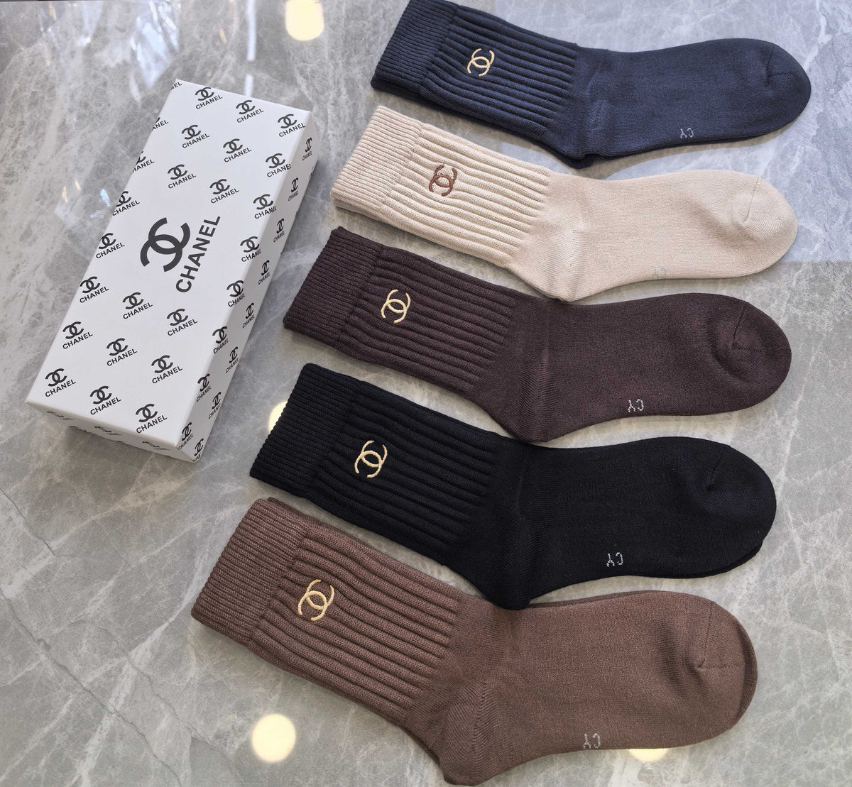 Chanel Neutral Earthy Small Cuff Double Letters Crew Socks, image 5