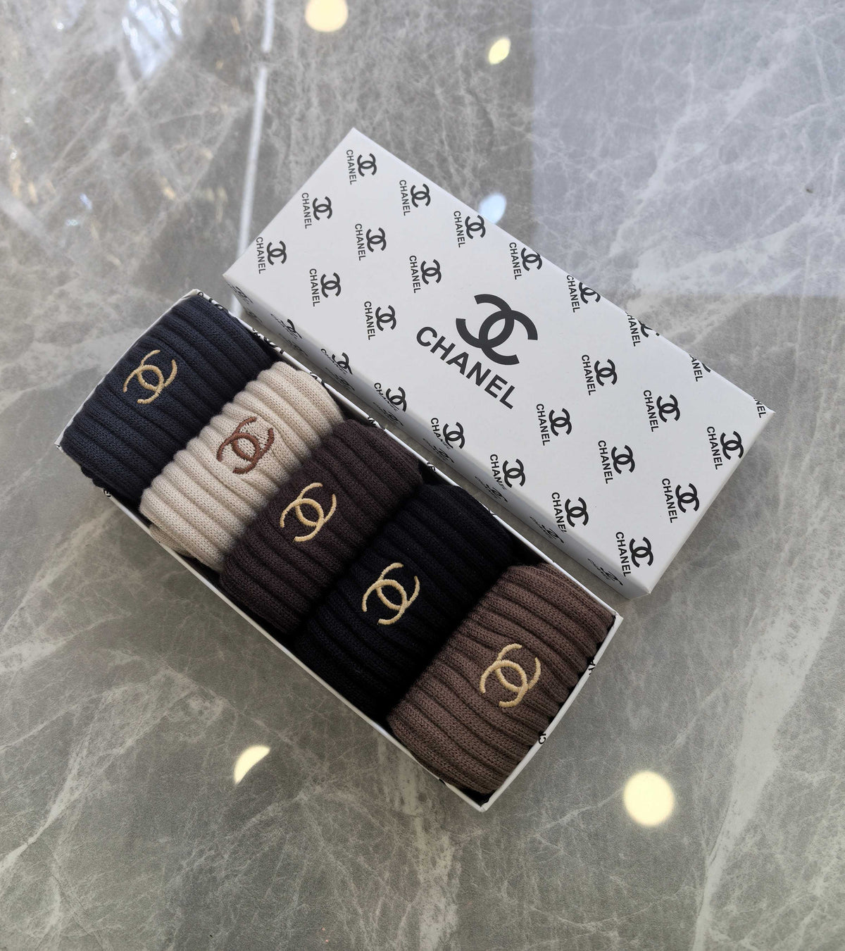 Chanel Neutral Earthy Small Cuff Double Letters Crew Socks, image 6