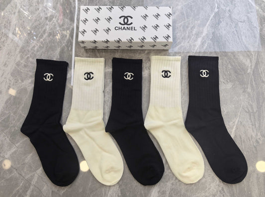Chanel Black Cream Tall Plain Cuff Mark Crew Socks, image 1