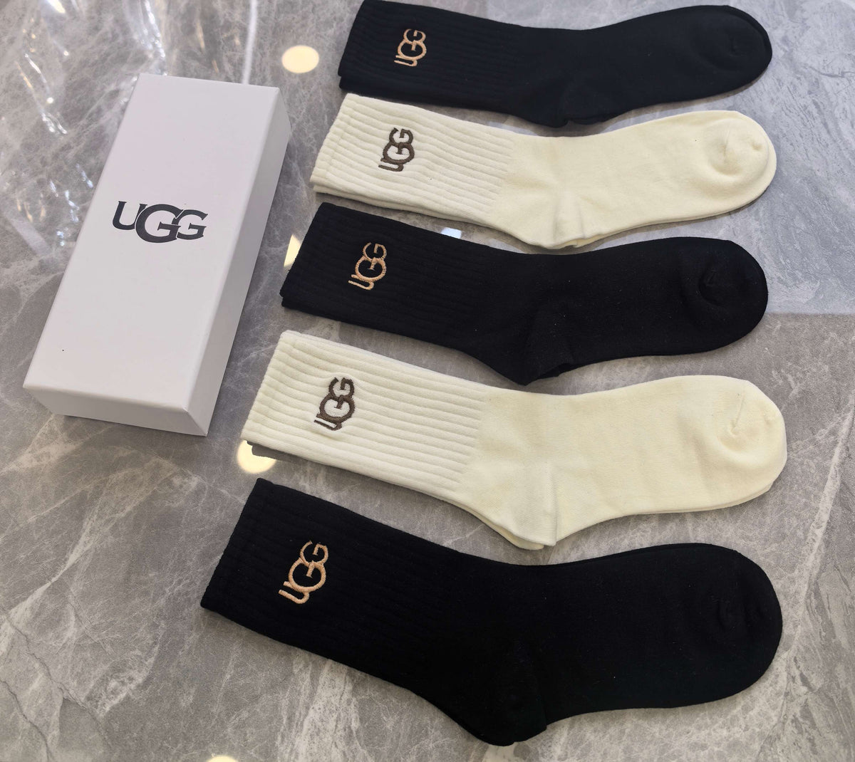 UGG Black Cream Small Gold Lettering Crew Socks, image 4