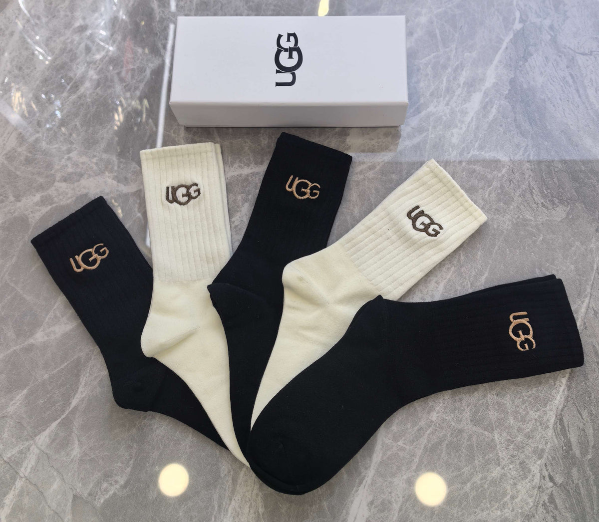 UGG Black Cream Small Gold Lettering Crew Socks, image 3