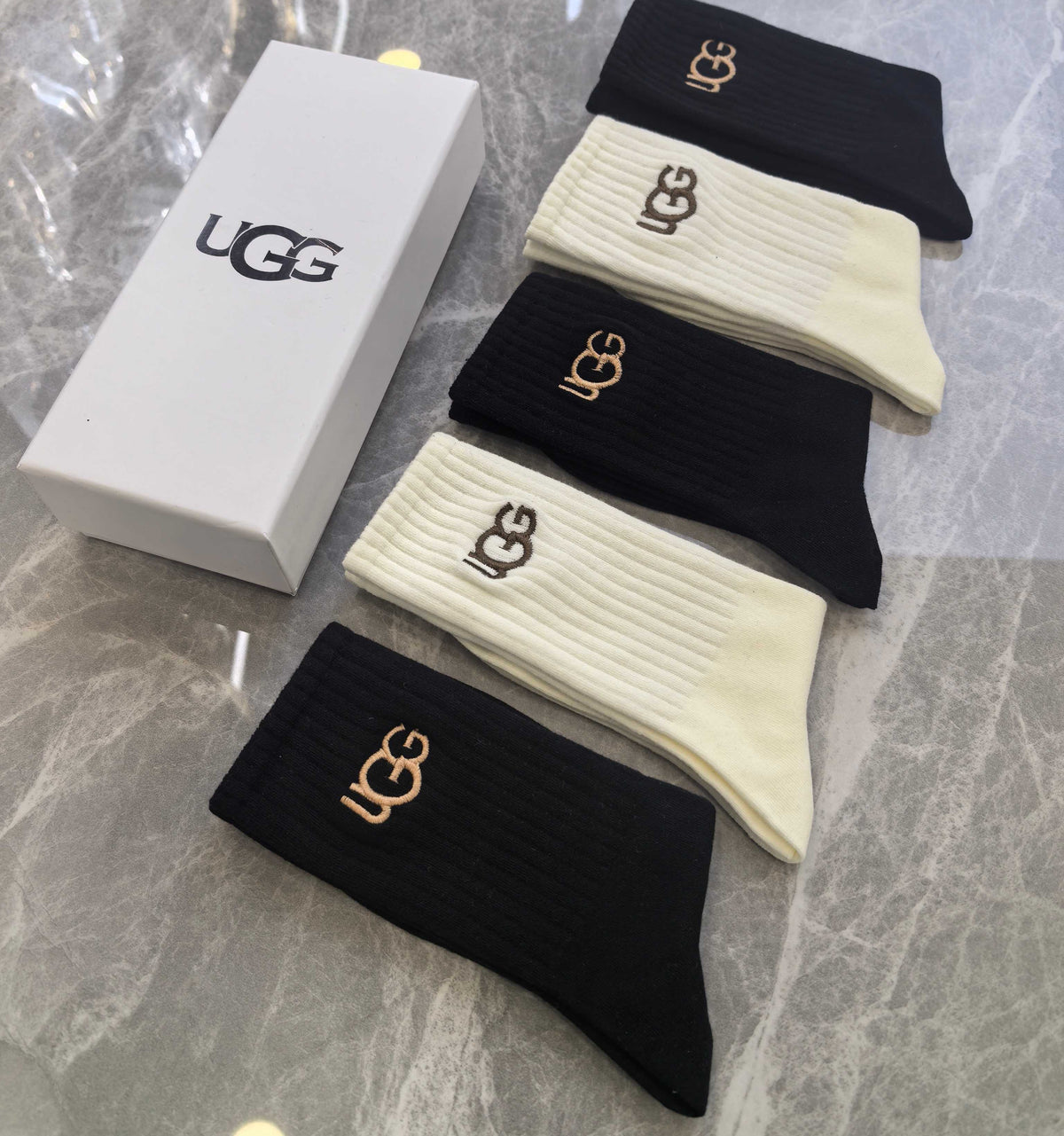UGG Black Cream Small Gold Lettering Crew Socks, image 5