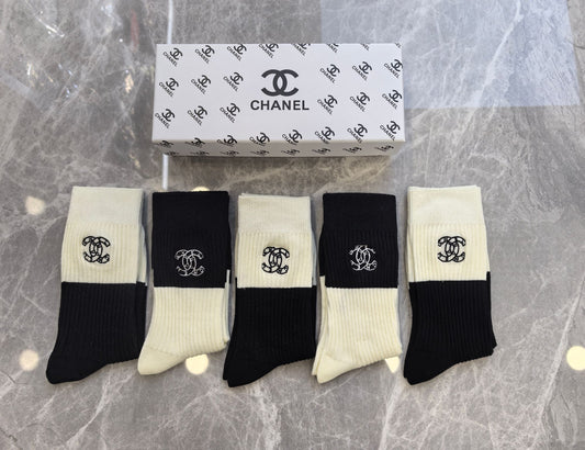 Chanel Black White Grey Dense Small Pattern Crew Socks, image 1