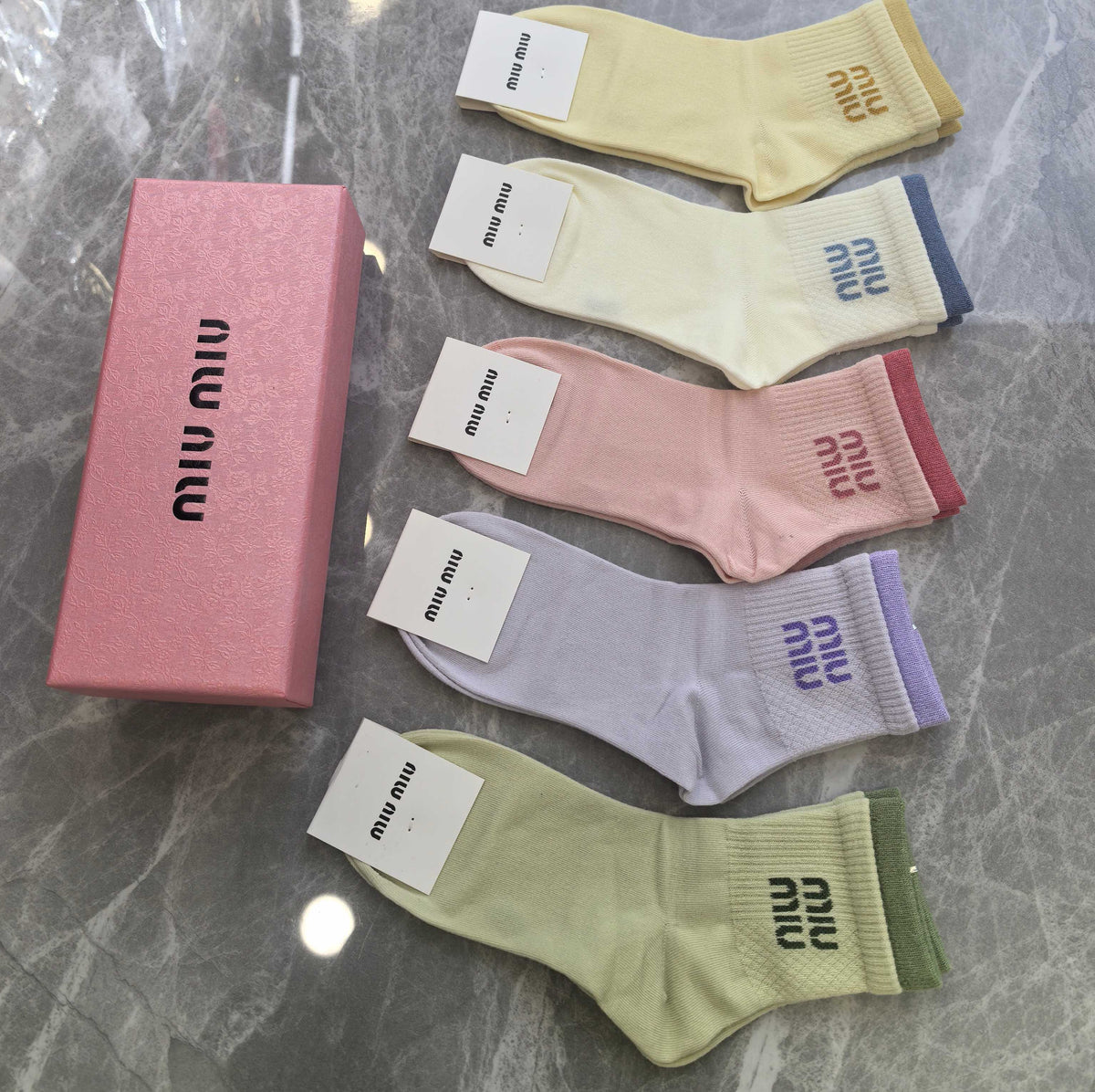 Miu Miu Boxed Pink Cream Broad Wordmarks Crew Socks, image 8