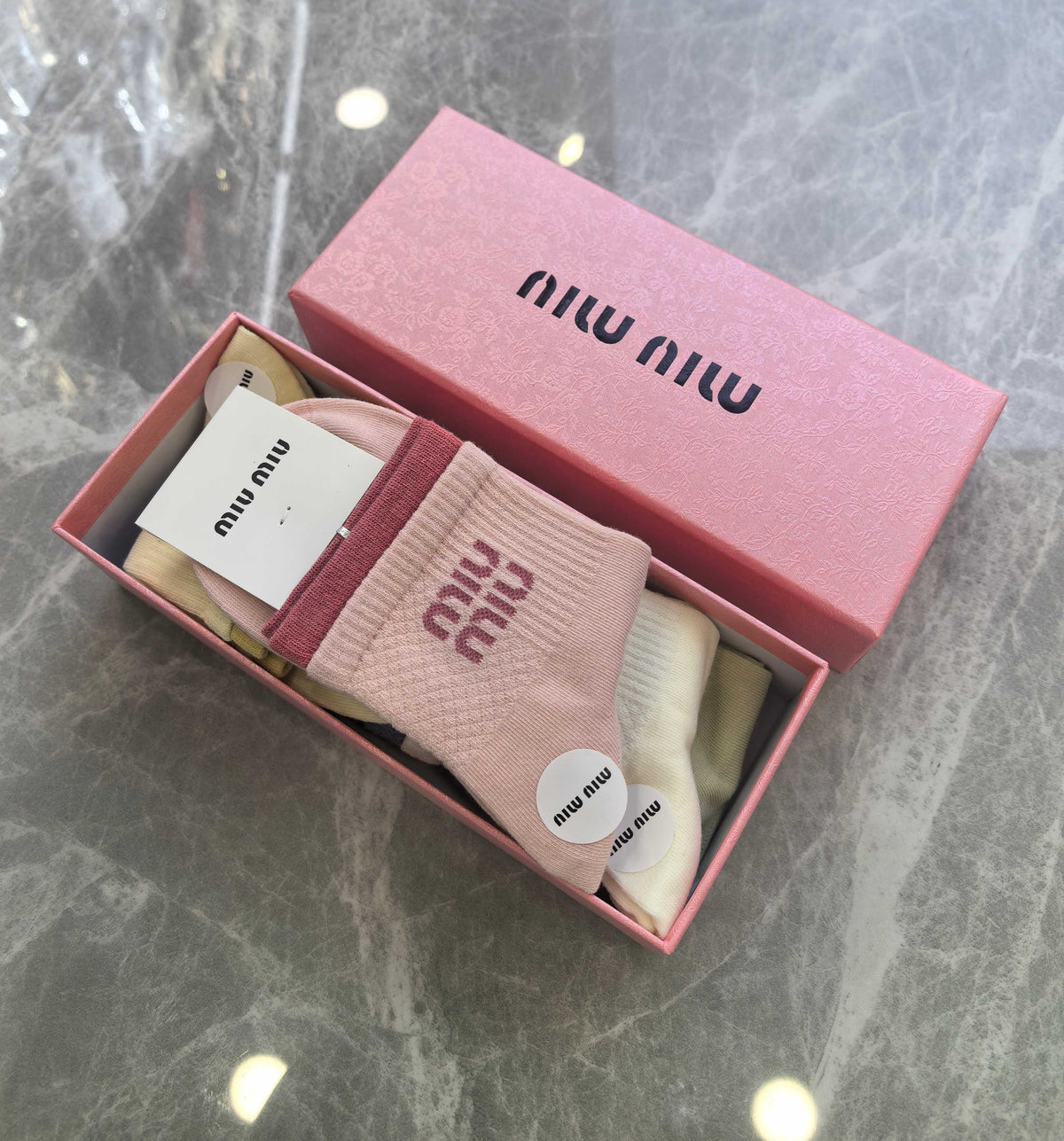 Miu Miu Boxed Pink Cream Broad Wordmarks Crew Socks, image 7