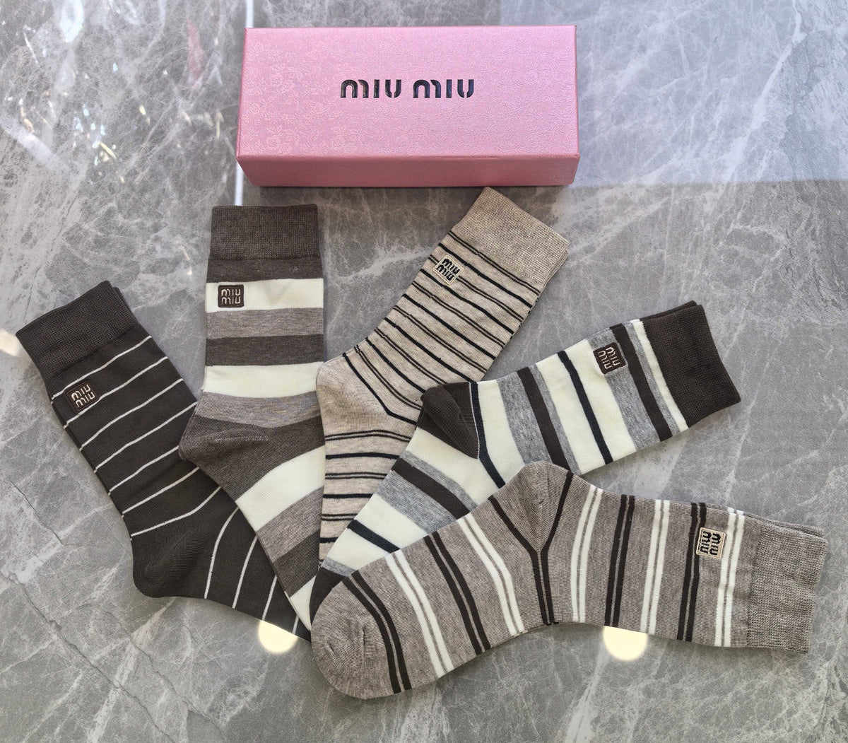 Miu Miu Boxed Neutral Ribbed Rectangle Motifs Crew Socks, image 3