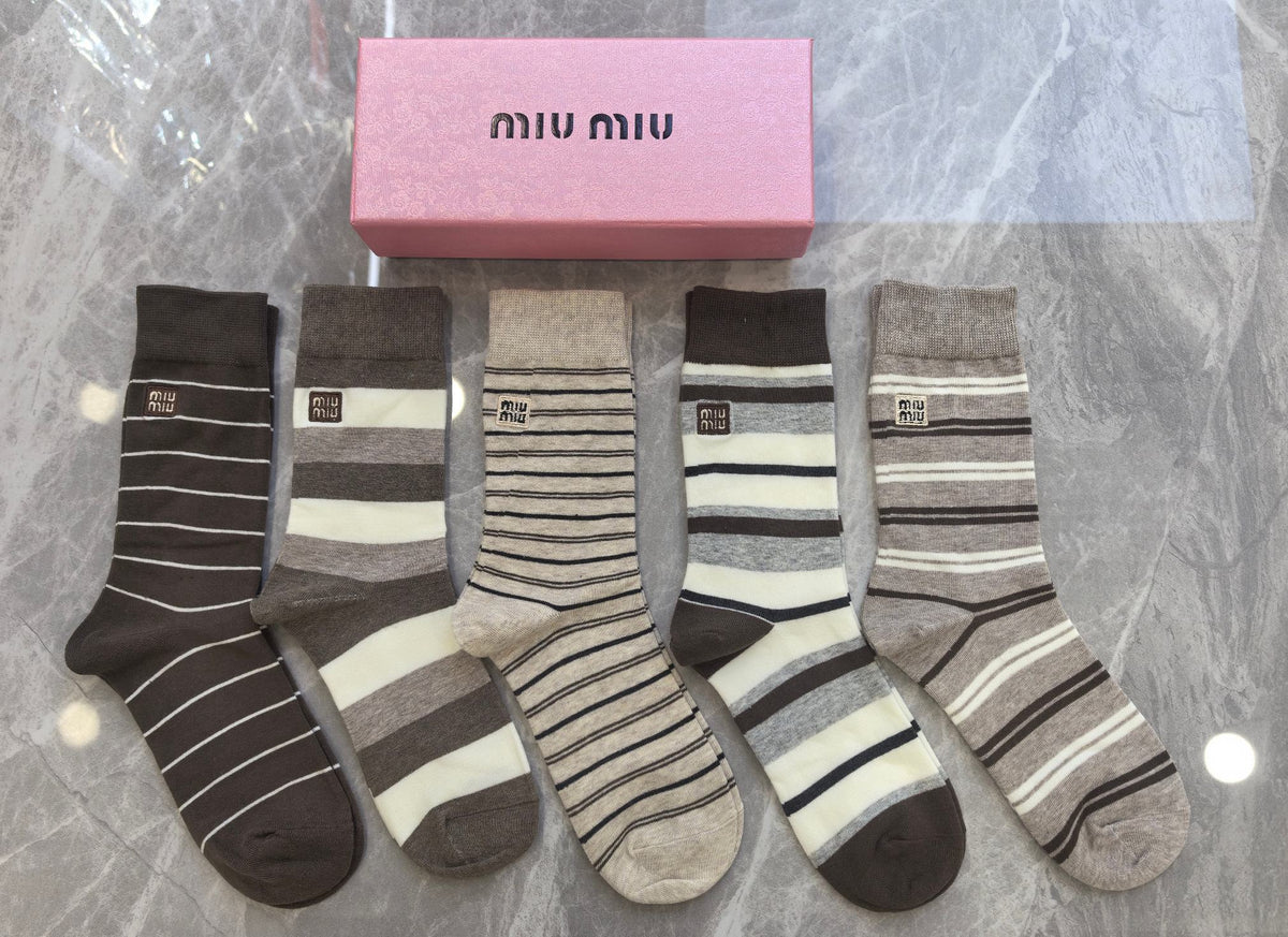 Miu Miu Boxed Neutral Ribbed Rectangle Motifs Crew Socks, image 5
