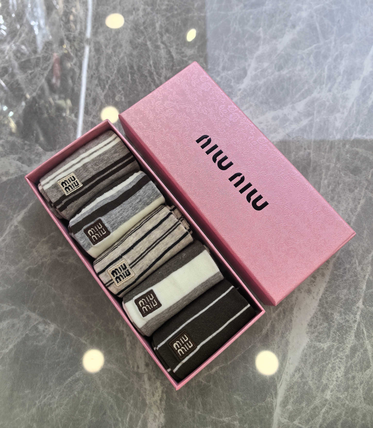 Miu Miu Boxed Neutral Ribbed Rectangle Motifs Crew Socks, image 1