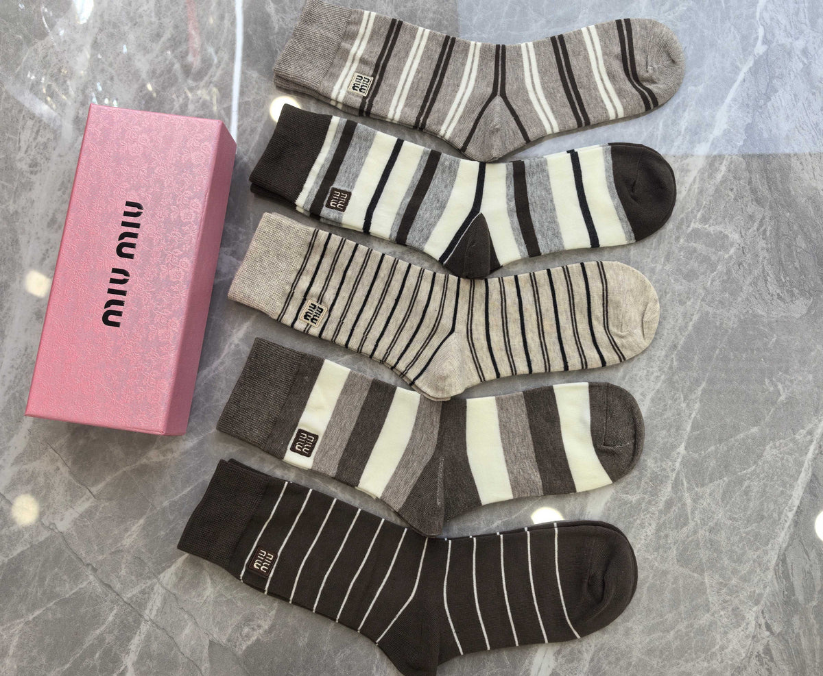 Miu Miu Boxed Neutral Ribbed Rectangle Motifs Crew Socks, image 2