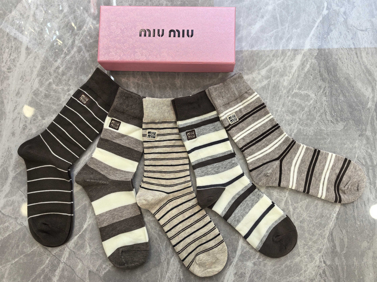 Miu Miu Boxed Neutral Ribbed Rectangle Motifs Crew Socks, image 4