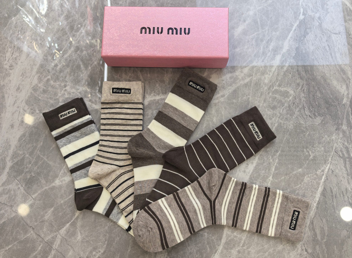 Miu Miu Boxed Brown Cream Rectangular Wordmarks Crew Socks, image 4