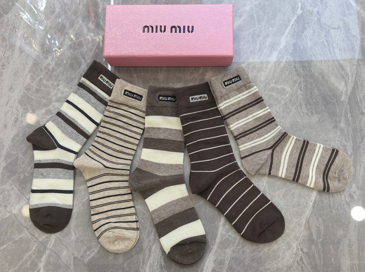 Miu Miu Boxed Brown Cream Rectangular Wordmarks Crew Socks, image 3
