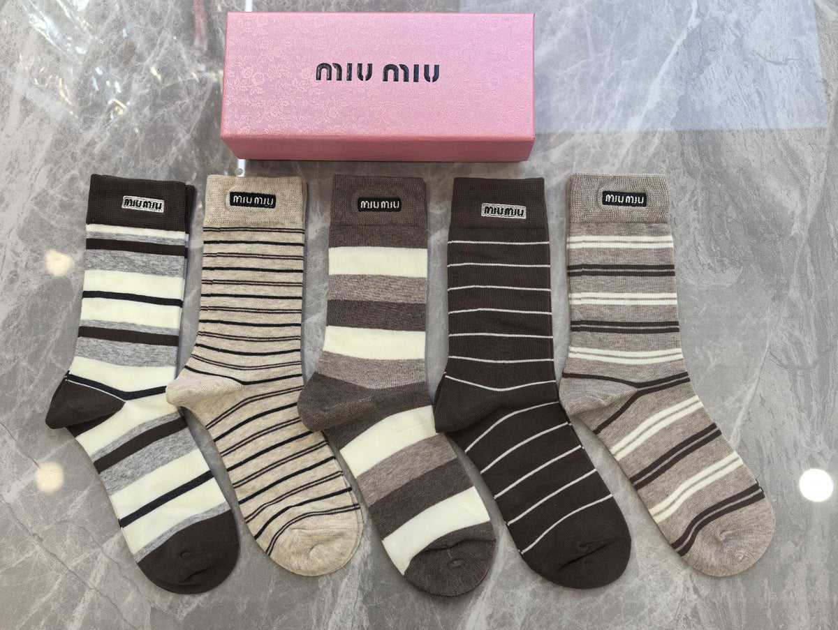 Miu Miu Boxed Brown Cream Rectangular Wordmarks Crew Socks, image 5