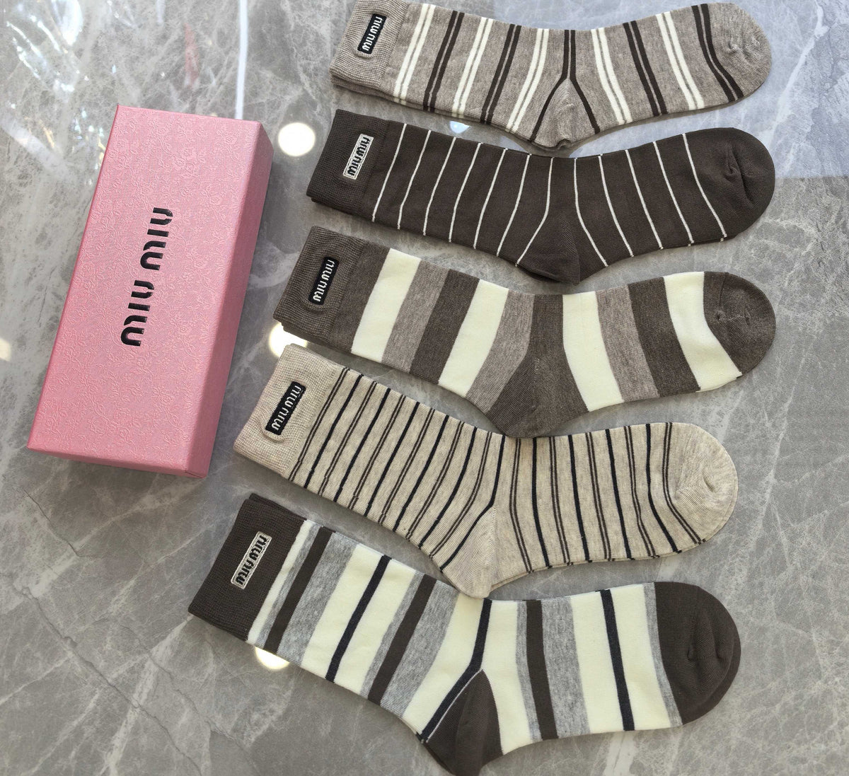 Miu Miu Boxed Brown Cream Rectangular Wordmarks Crew Socks, image 2