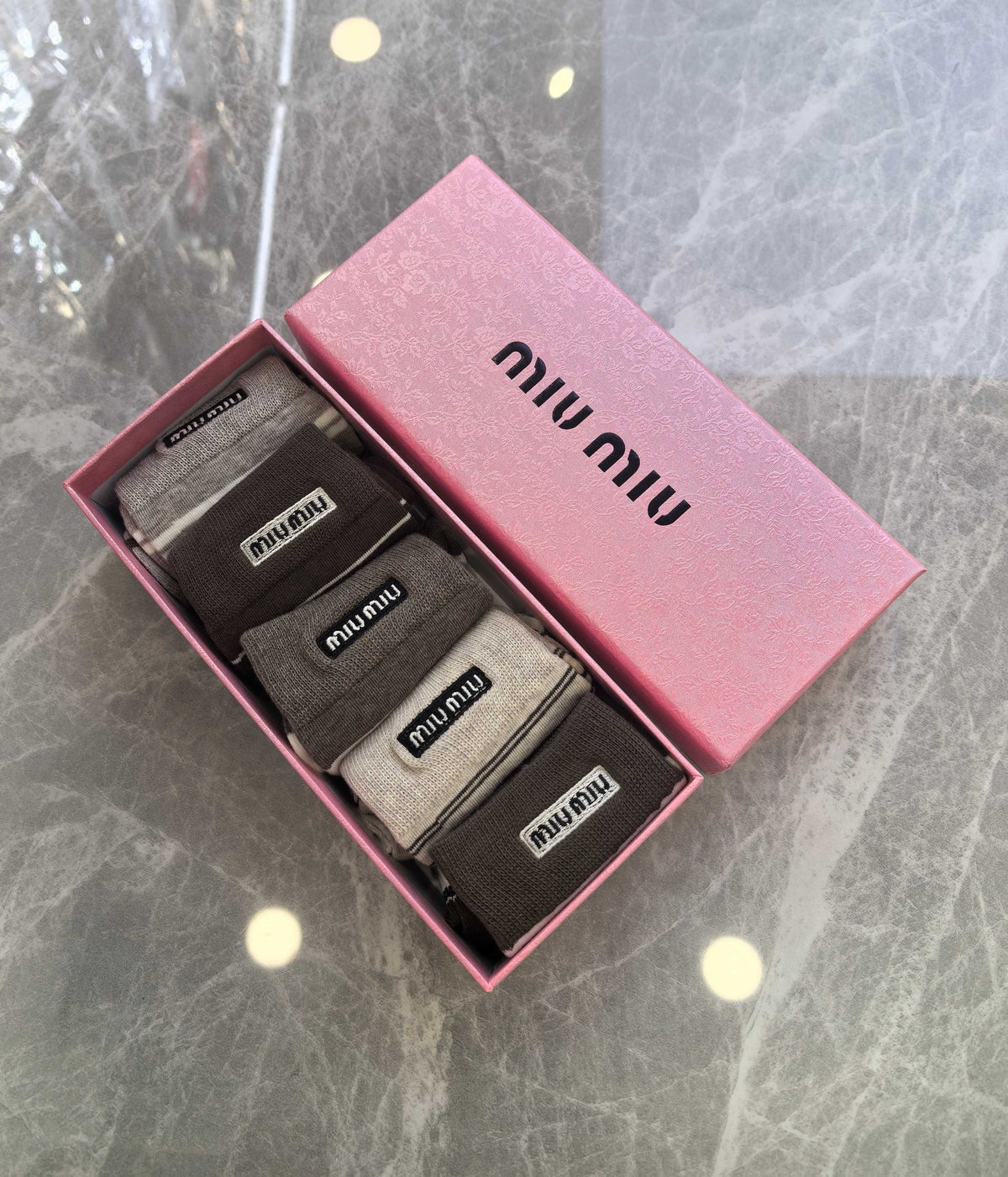 Miu Miu Boxed Brown Cream Rectangular Wordmarks Crew Socks, image 1
