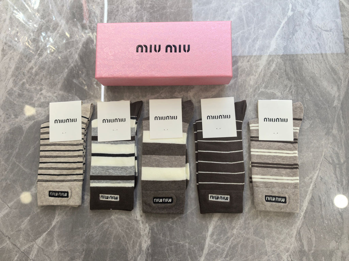 Miu Miu Boxed Brown Cream Rectangular Wordmarks Crew Socks, image 6