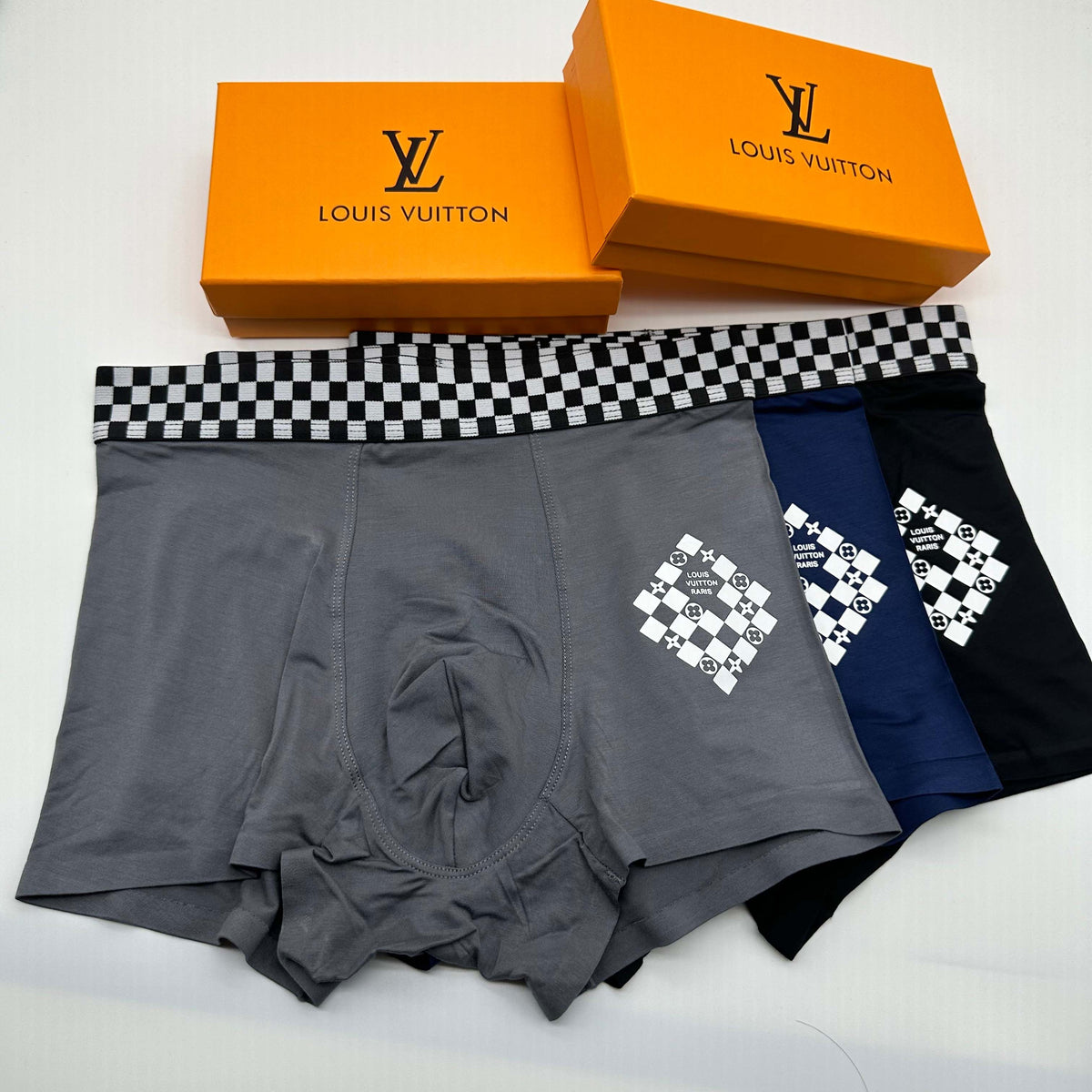 Louis Vuitton Blue Grey Checker Waist Flower Boxer Briefs, image 2