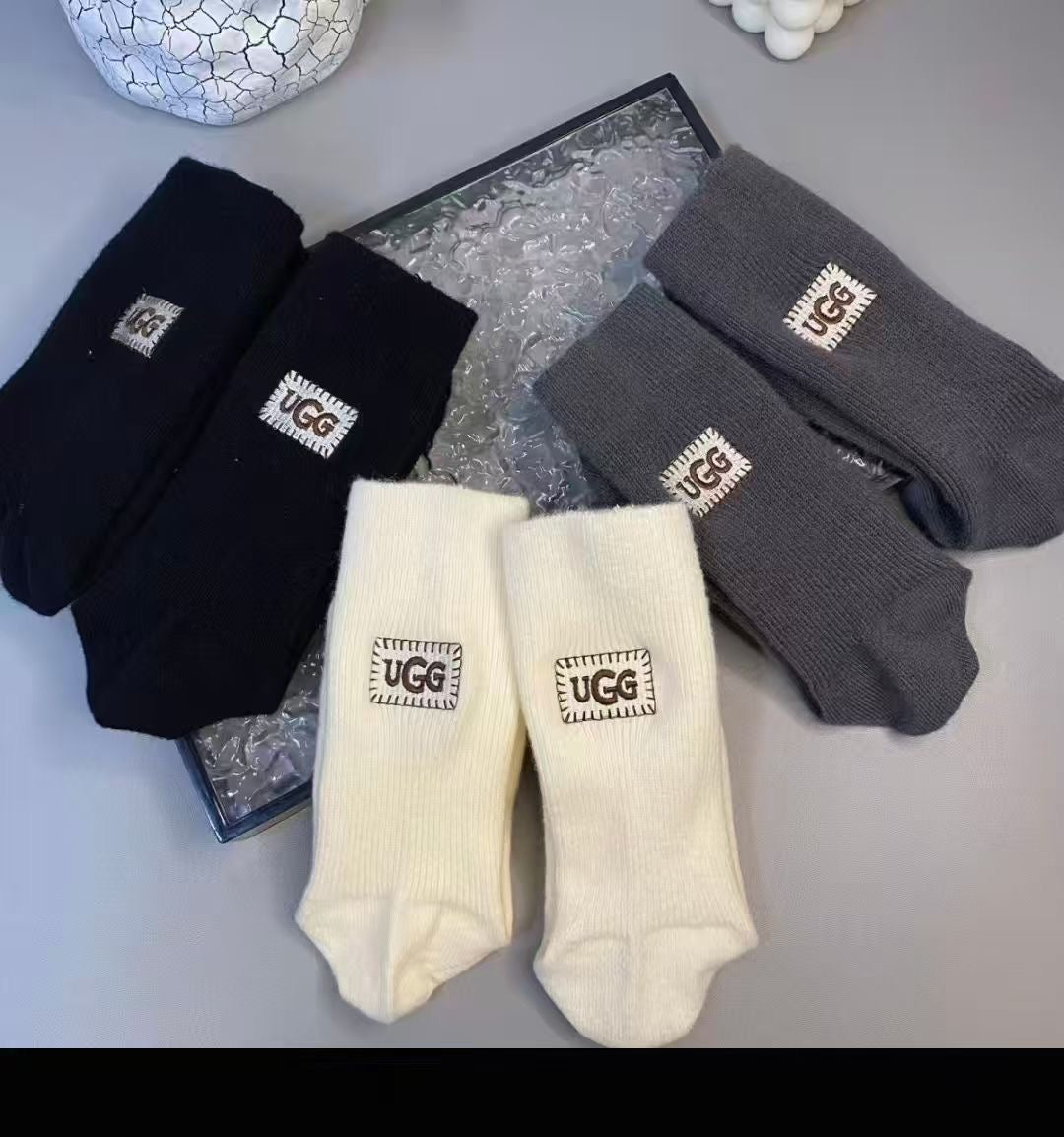 UGG Grey Cream Black Rectangular Cuff Patch Crew Socks, image 2