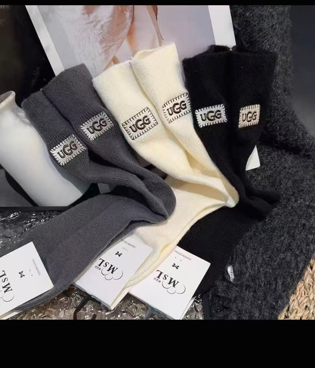 UGG Grey Cream Black Rectangular Cuff Patch Crew Socks, image 1