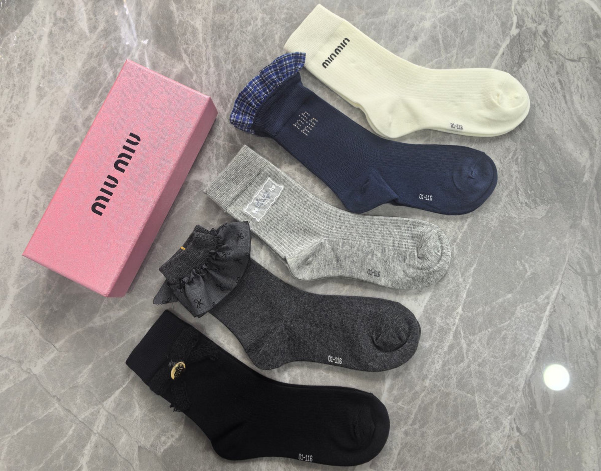 Miu Miu Boxed Dark Multicolour Tonal Patterns Crew Socks, image 3