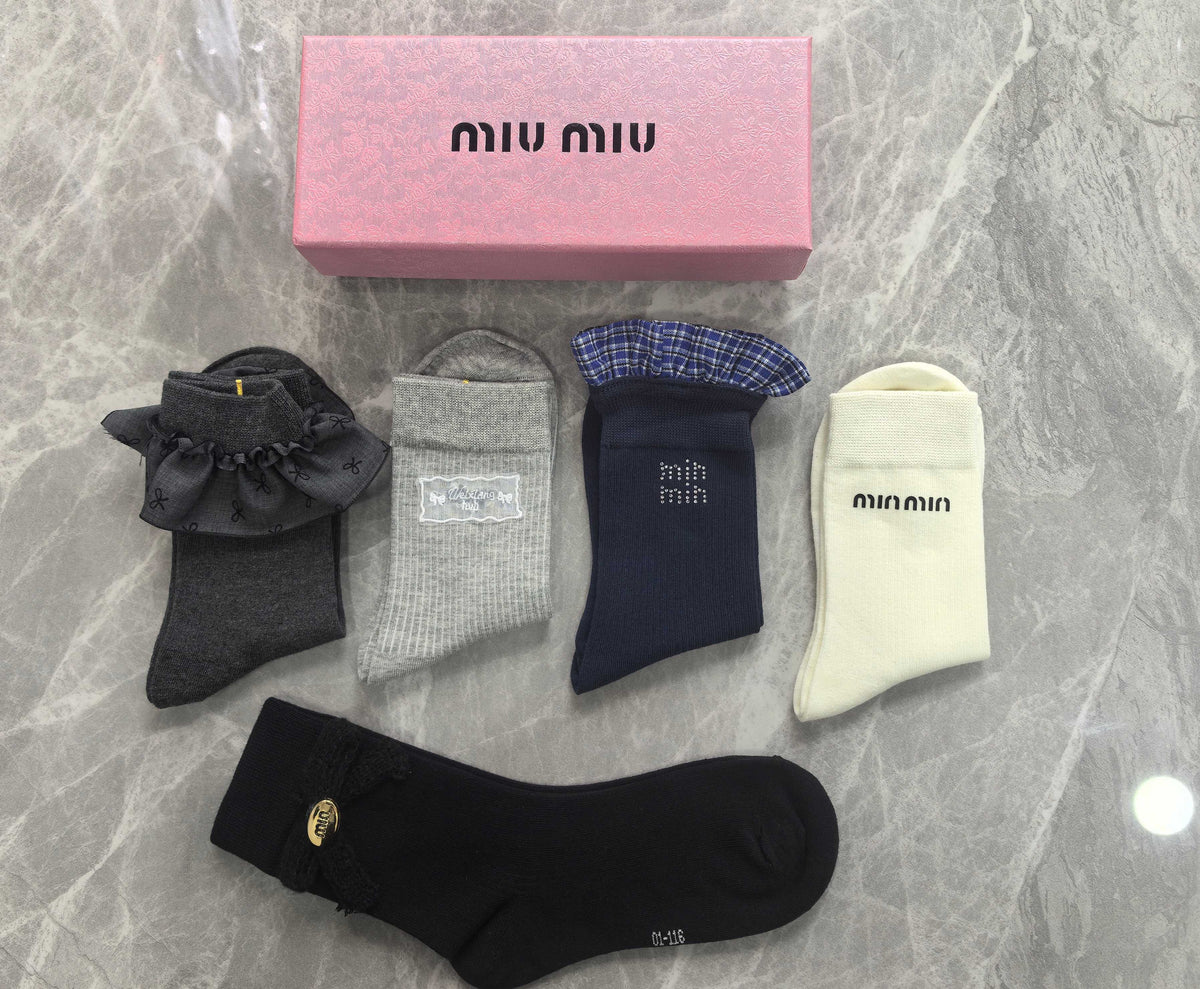 Miu Miu Boxed Dark Multicolour Tonal Patterns Crew Socks, image 2