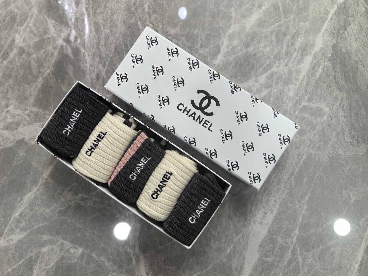 Chanel Boxed Black Cream Wordmark Cuffs Crew Socks, image 1