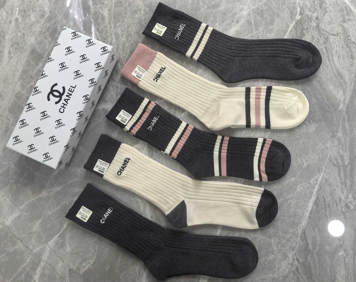 Chanel Boxed Black Cream Wordmark Cuffs Crew Socks, image 2
