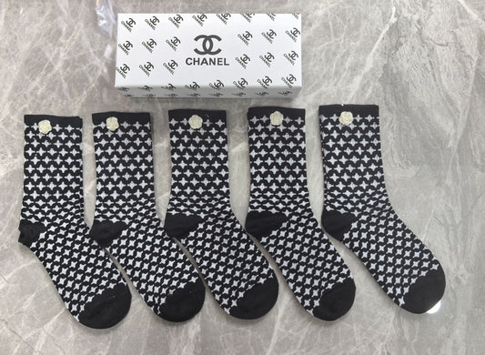 Chanel Black White Small Dot Pattern Crew Socks, image 1