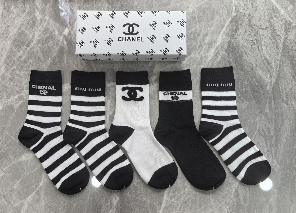 Chanel Black White Mixed Broad Stripes Crew Socks, image 1