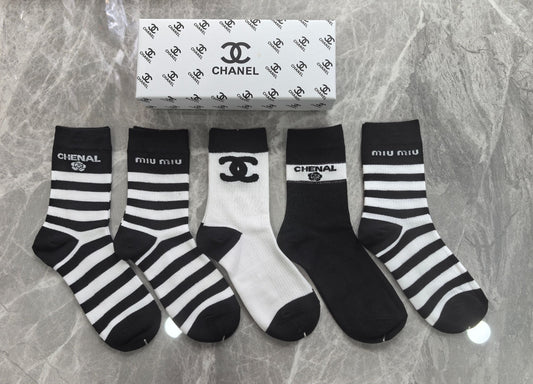 Chanel Black White Mixed Broad Stripes Crew Socks, image 1