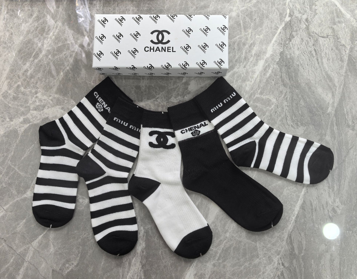 Chanel Black White Mixed Broad Stripes Crew Socks, image 2