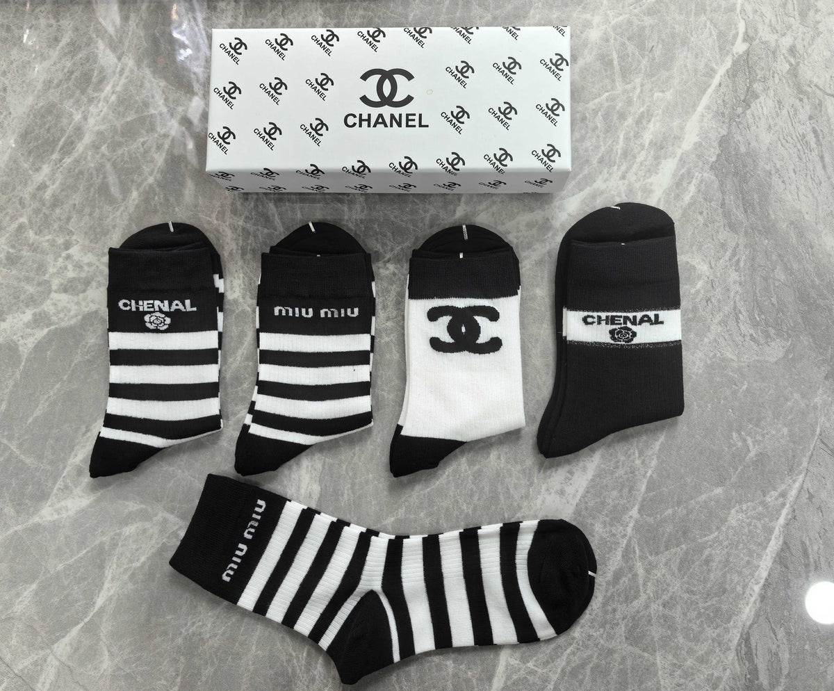 Chanel Black White Mixed Broad Stripes Crew Socks, image 5