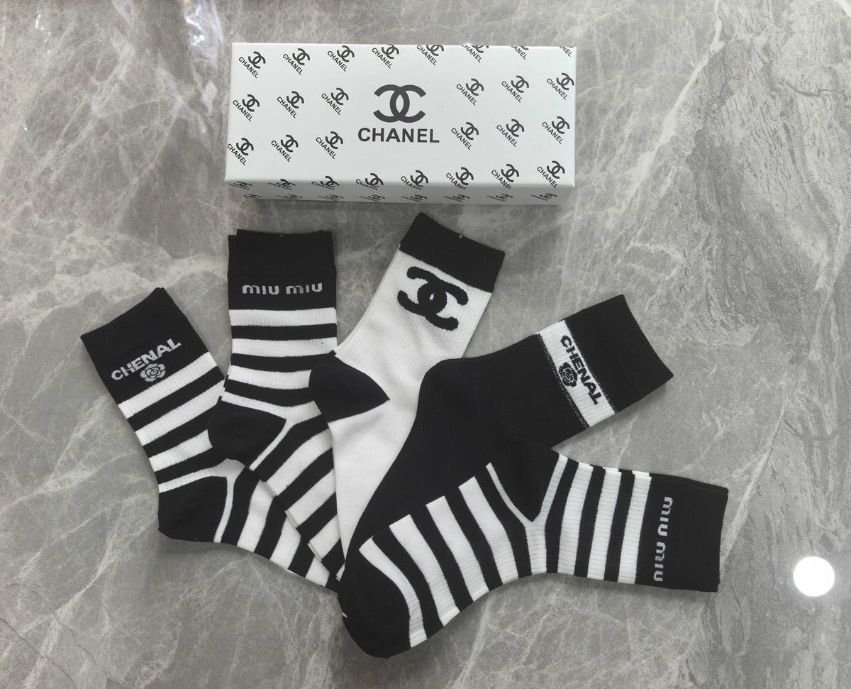 Chanel Black White Mixed Broad Stripes Crew Socks, image 3