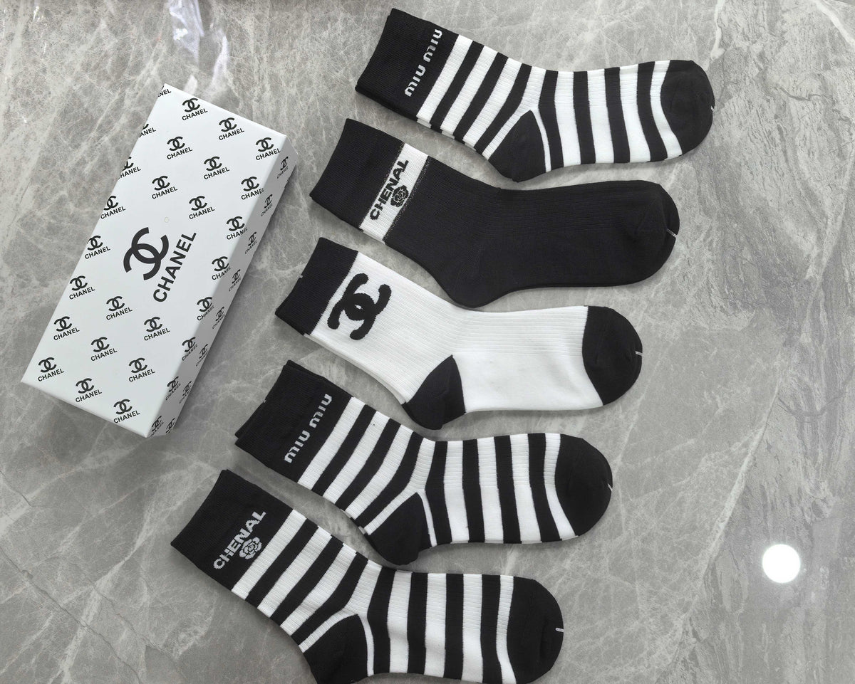 Chanel Black White Mixed Broad Stripes Crew Socks, image 4