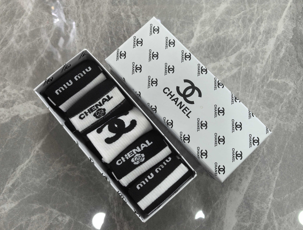 Chanel Black White Mixed Broad Stripes Crew Socks, image 6