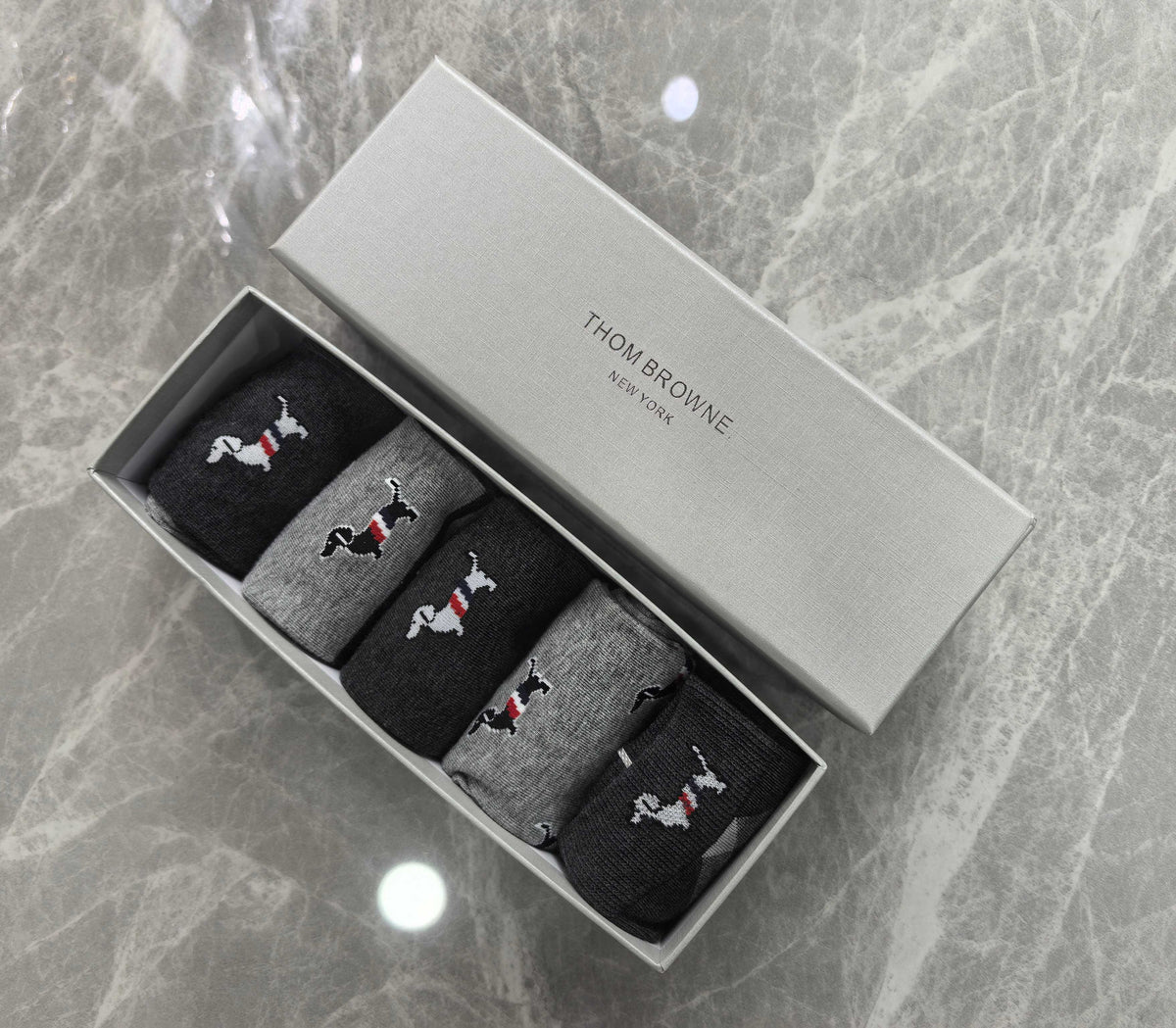 Thom Browne Boxed Grey Dog Motif No-Show Socks, image 1