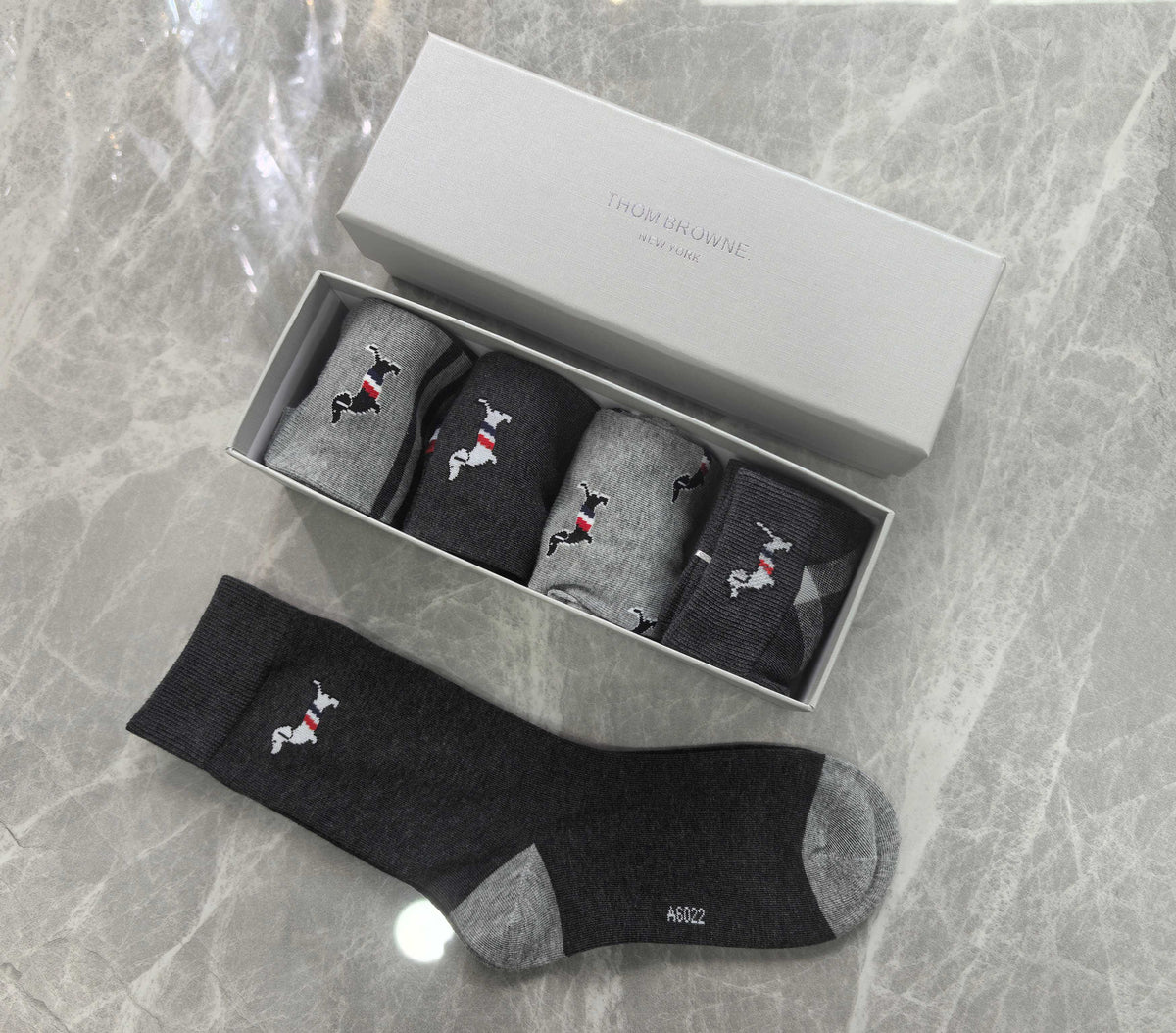 Thom Browne Boxed Grey Dog Motif No-Show Socks, image 2