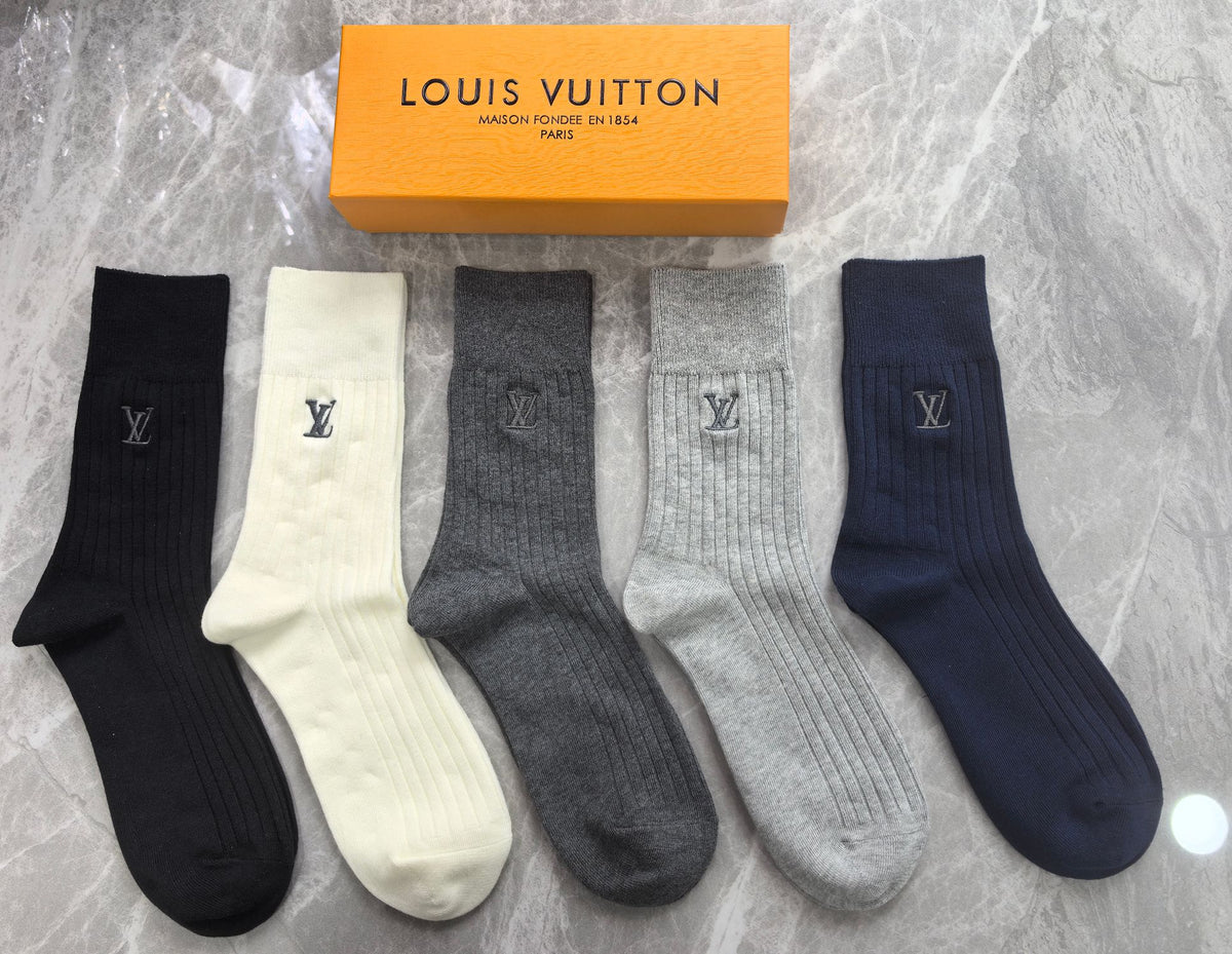 Louis Vuitton Navy Grey Cream Plain Cuff Monograms Crew Socks, image 1