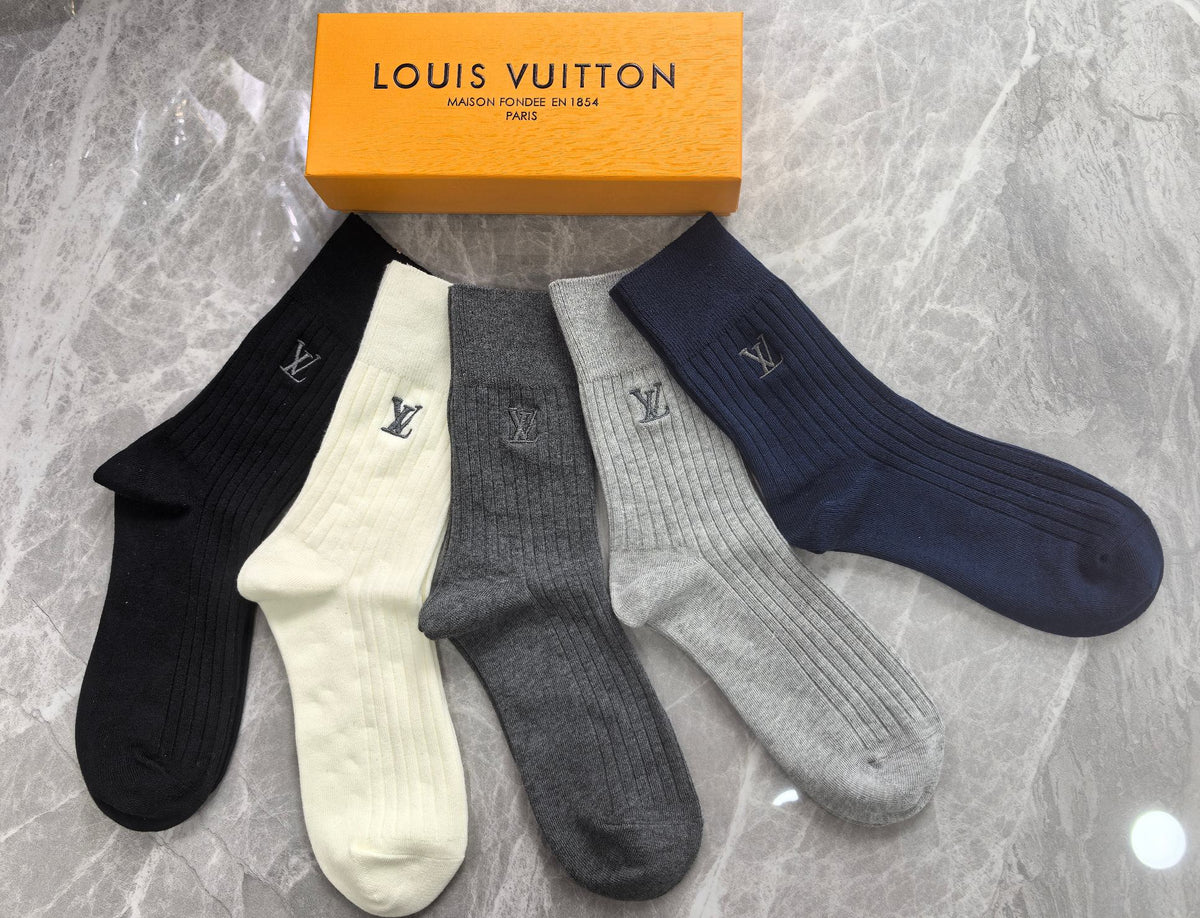 Louis Vuitton Navy Grey Cream Plain Cuff Monograms Crew Socks, image 2