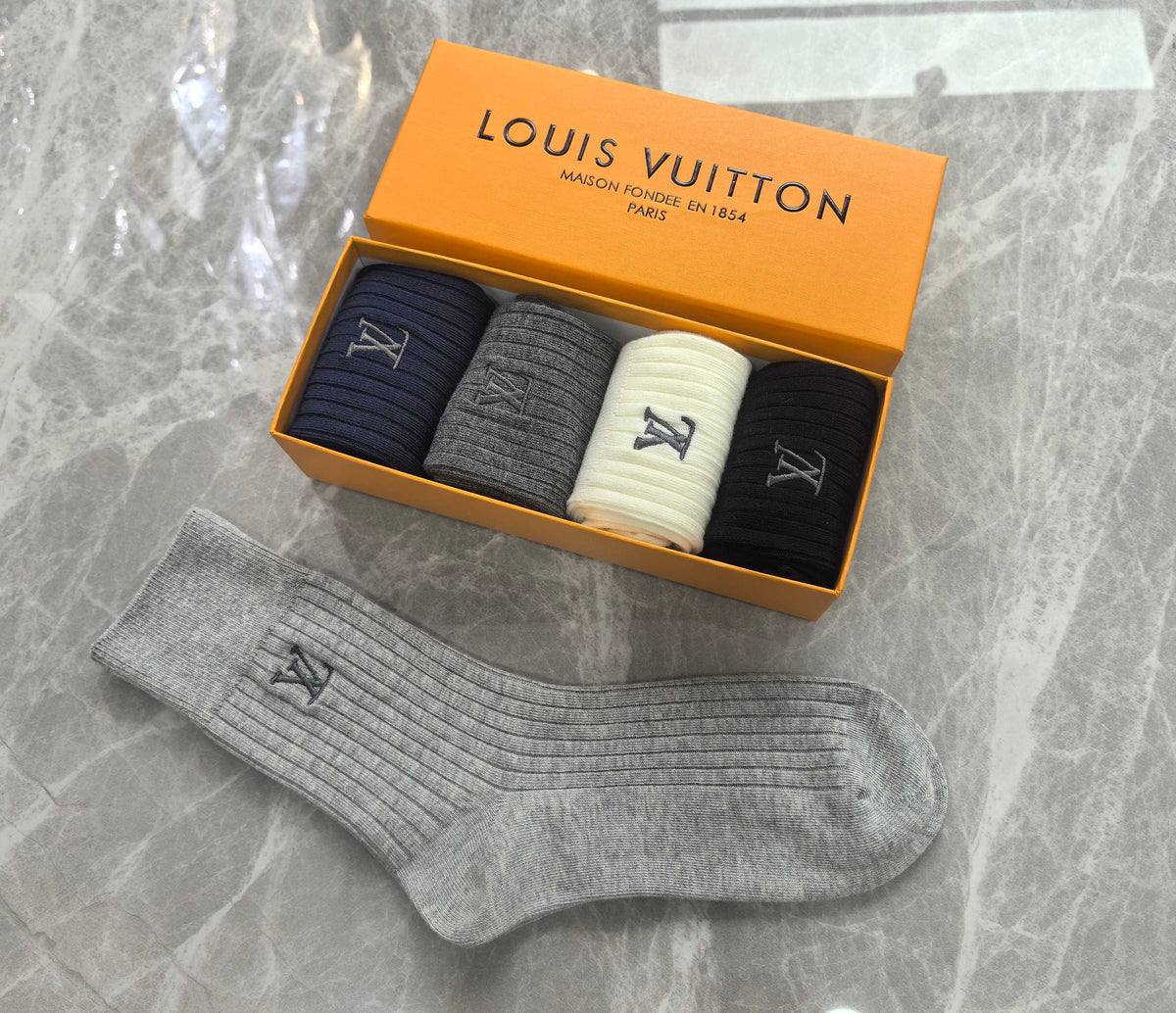 Louis Vuitton Navy Grey Cream Plain Cuff Monograms Crew Socks, image 5