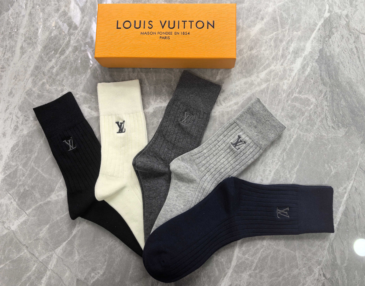 Louis Vuitton Navy Grey Cream Plain Cuff Monograms Crew Socks, image 3