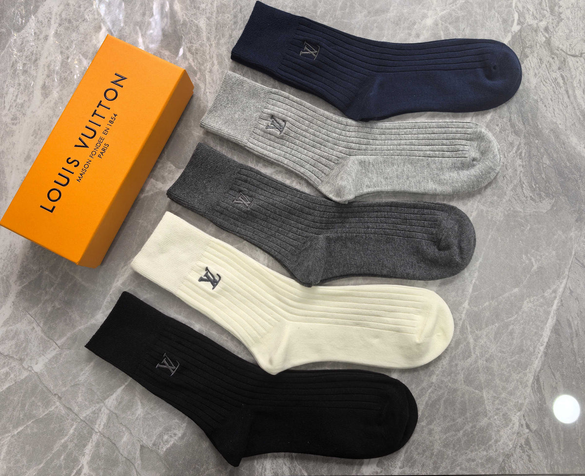 Louis Vuitton Navy Grey Cream Plain Cuff Monograms Crew Socks, image 4