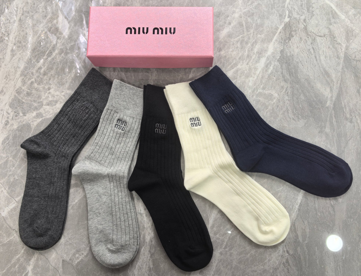 Miu Miu Neutral Navy Black Plain Tall Cuffs Crew Socks, image 2