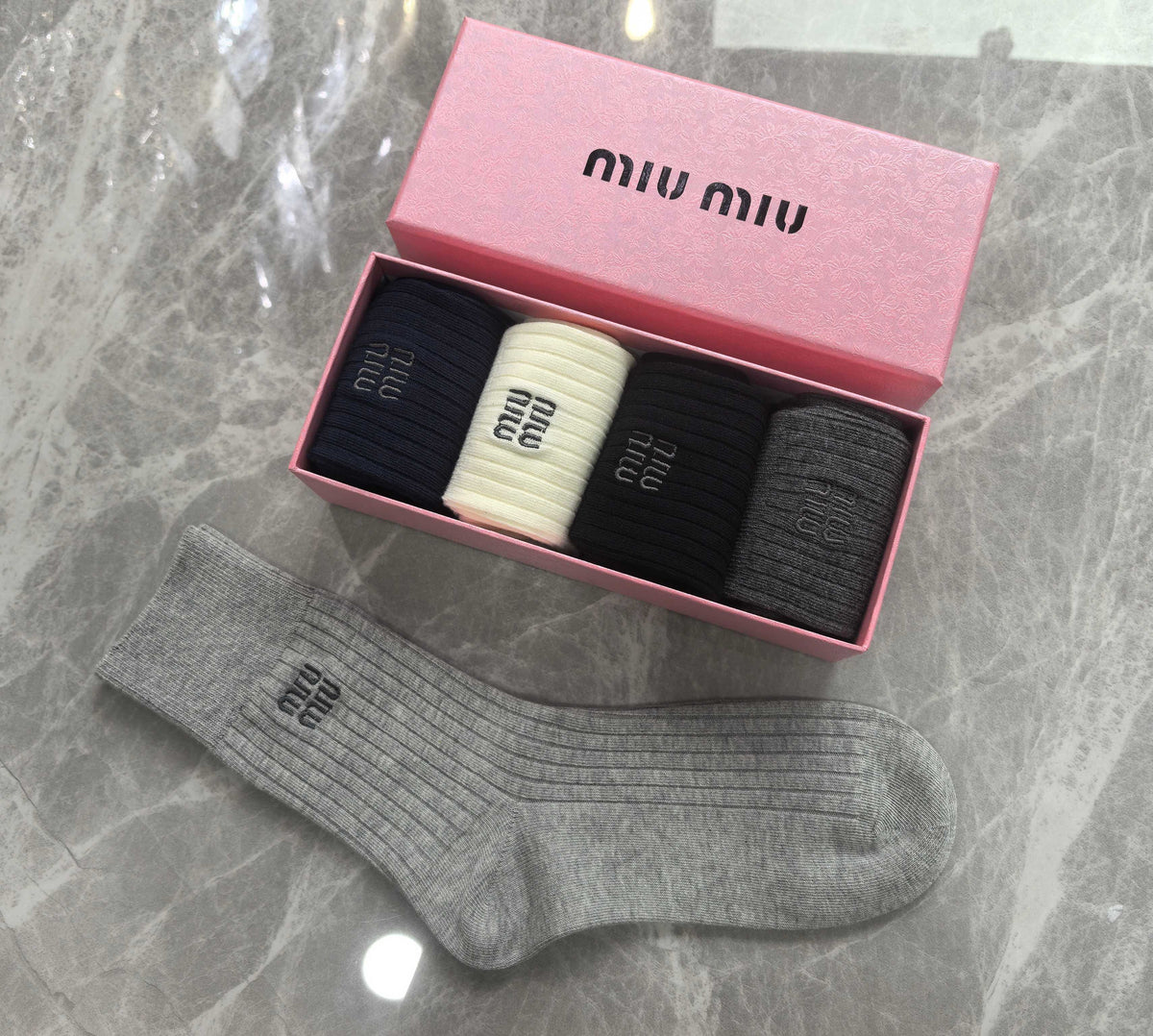Miu Miu Neutral Navy Black Plain Tall Cuffs Crew Socks, image 5