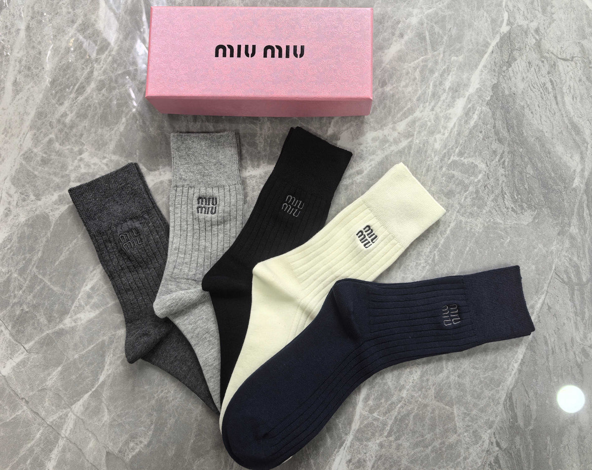 Miu Miu Neutral Navy Black Plain Tall Cuffs Crew Socks, image 3